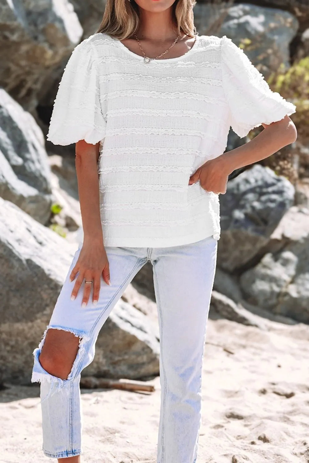 Frilled Lace Trim Bubble Sleeve Blouse - Image 5
