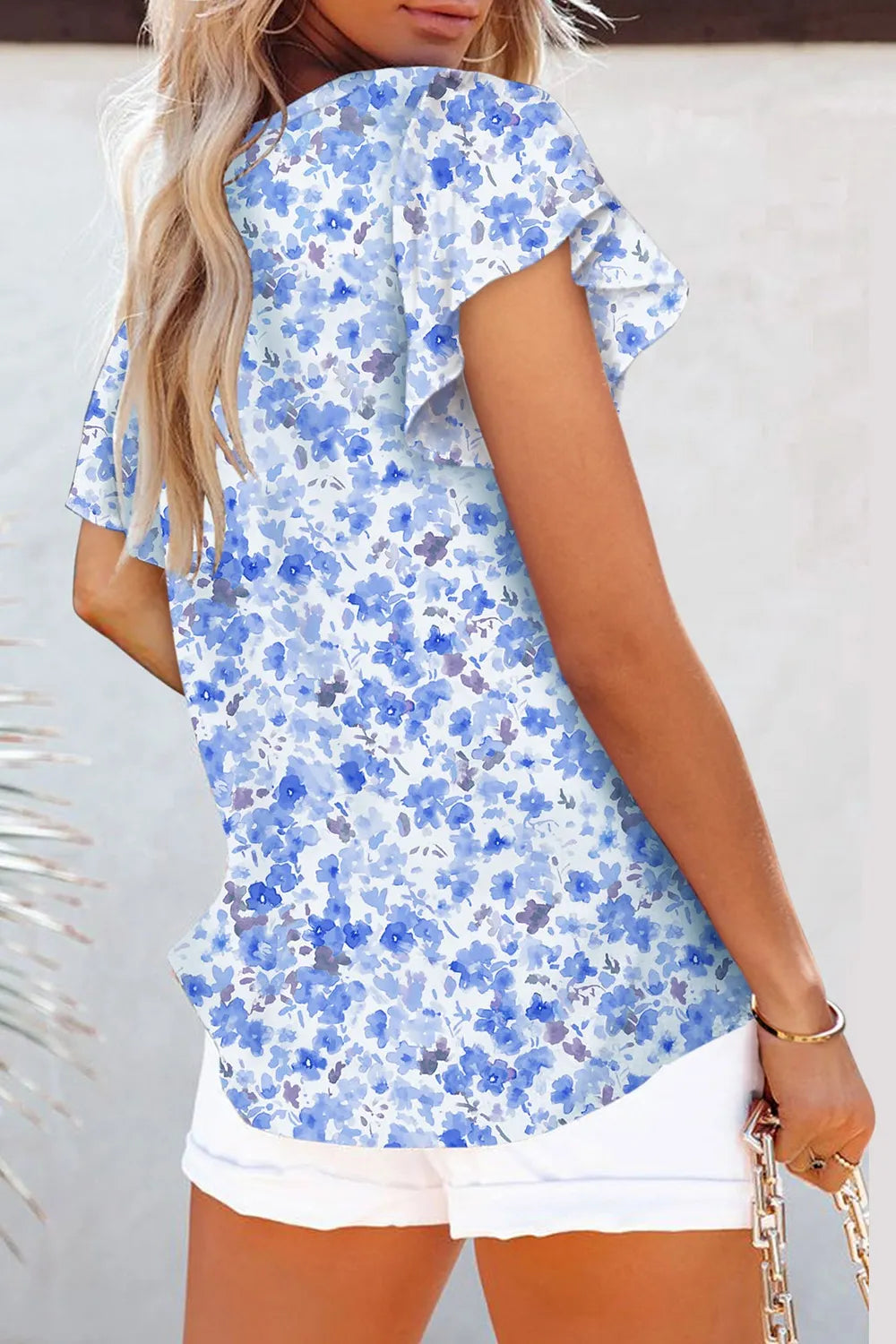 Flutter Sleeve Notched Floral Summer Blouse - Image 4