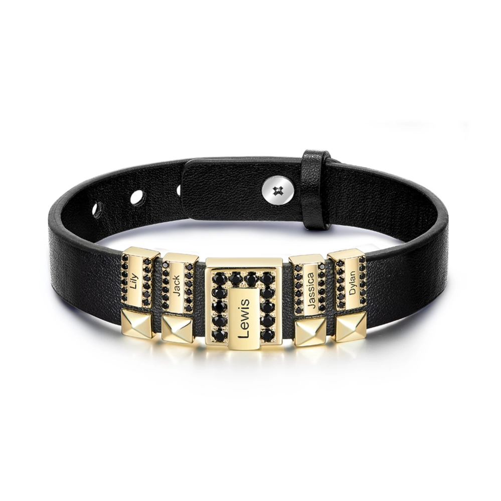Personalized Men's Leather Bracelet with 1-8 Custom Names Beads