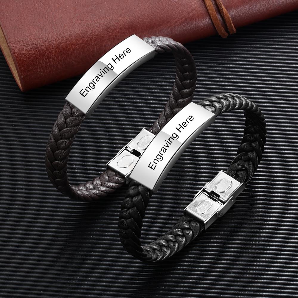 Mens Leather Bracelet Engraved Personalized ID Bracelets Black Brown - Image 5
