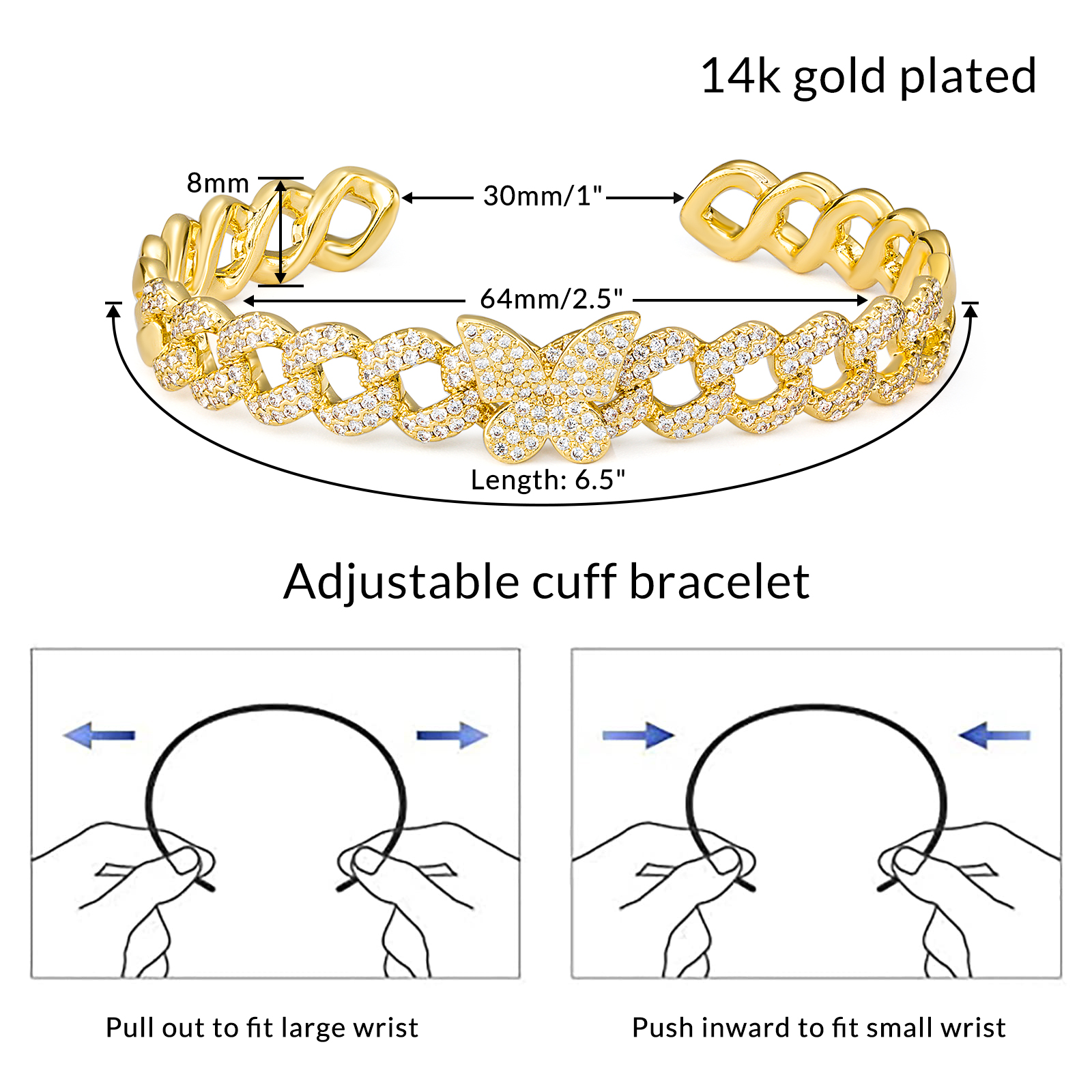 8MM Butterfly Cuban Bracelet Open Bangle Link Chains - Image 7
