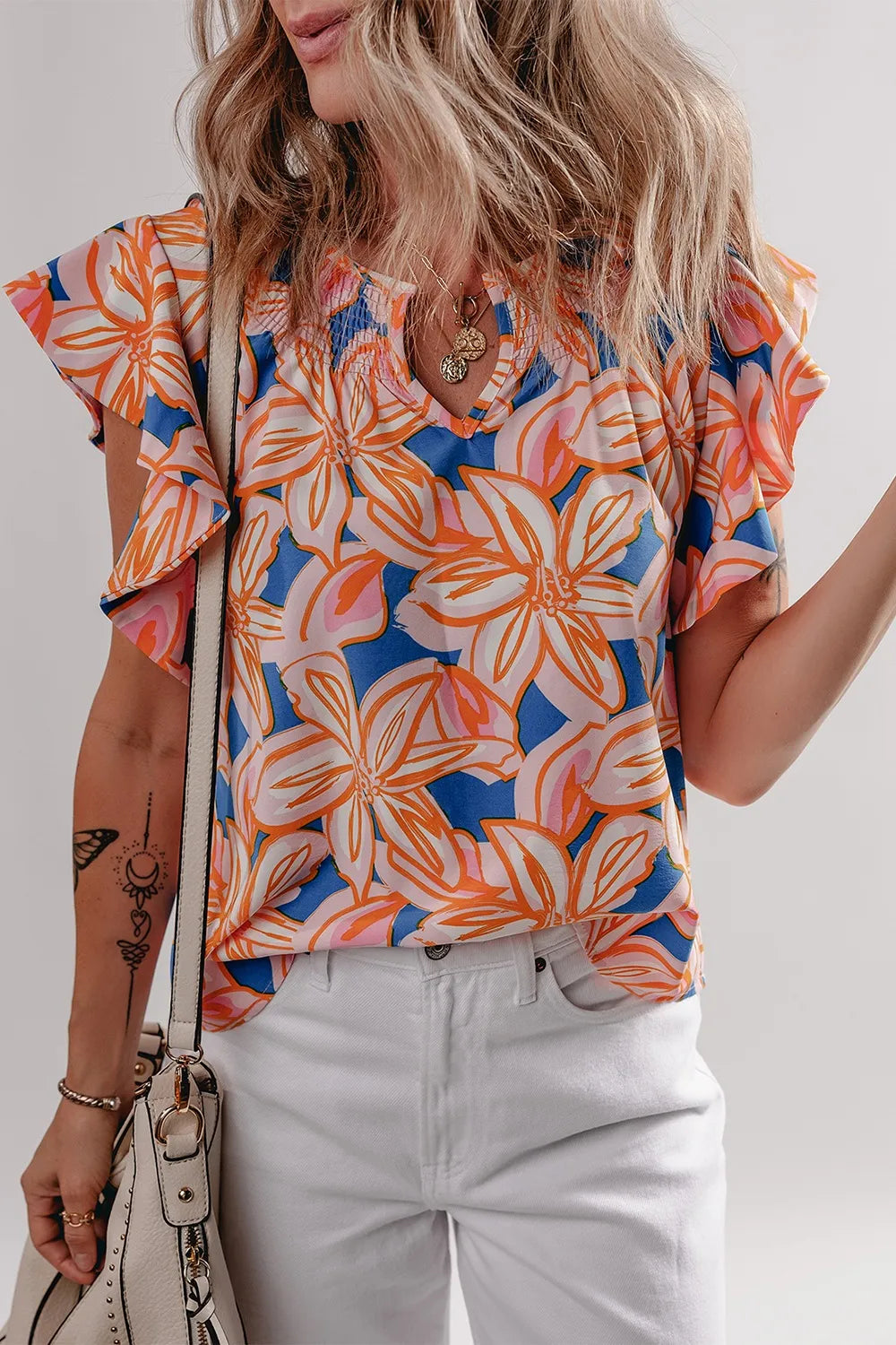 Flower Print Notched Neck Ruffle Sleeve Blouse - Image 2