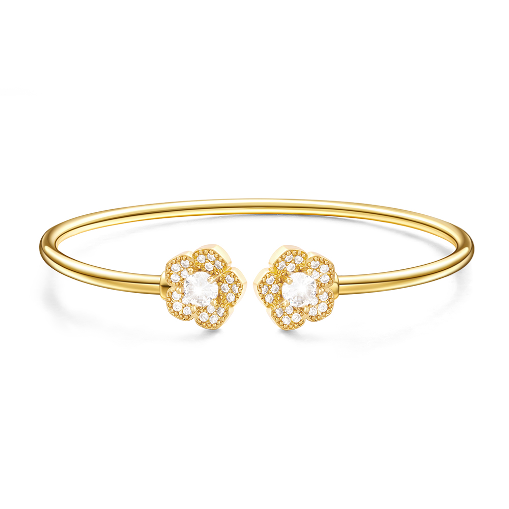Gold Diamond Simulate Bangle with Flowers Bracelet