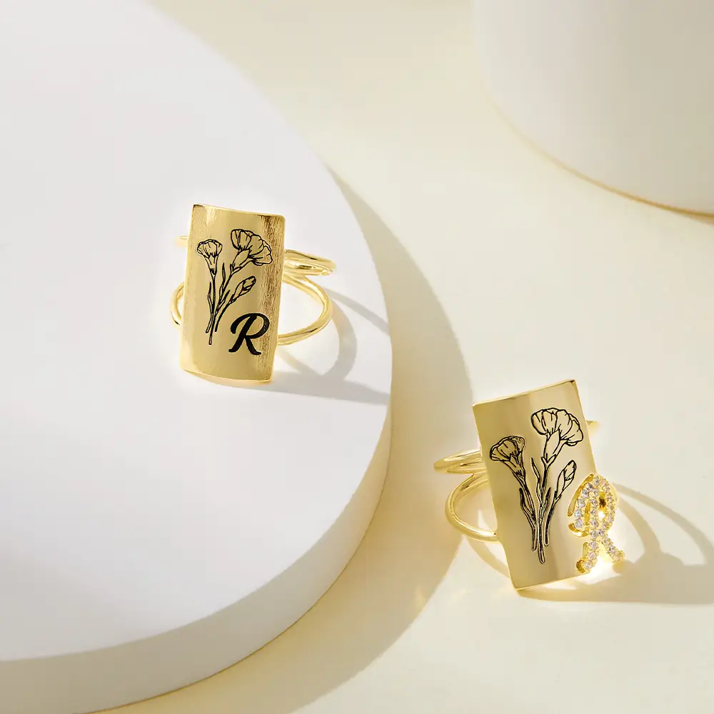 Custom Shining Birth Flower Letter Ring - Image 3