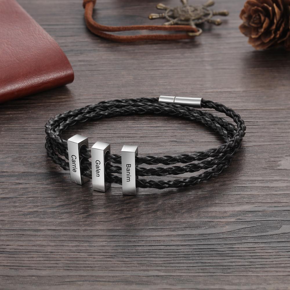 Men Leather Bracelet with Vertical Bar Three Layers Bracelet - Image 2