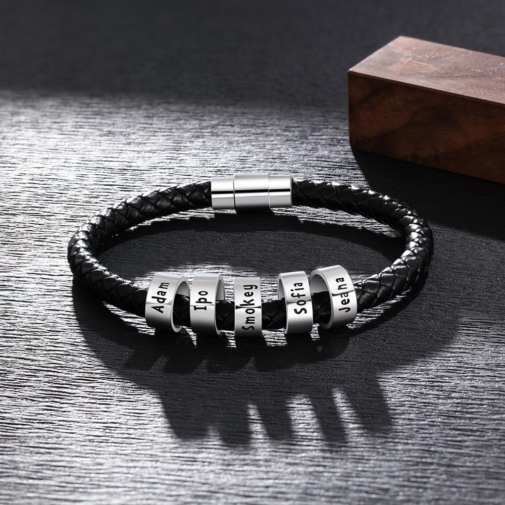 Leather Braided Rope Bracelet For Men Engraved Mens Bracelet Black with 5 beads - Image 5