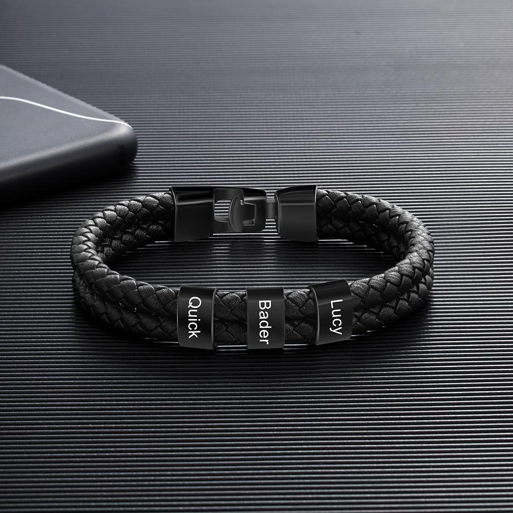 Men Leather Bracelet with 3 Engraved Beads Custom Two Layers Bracelet Black - Image 5