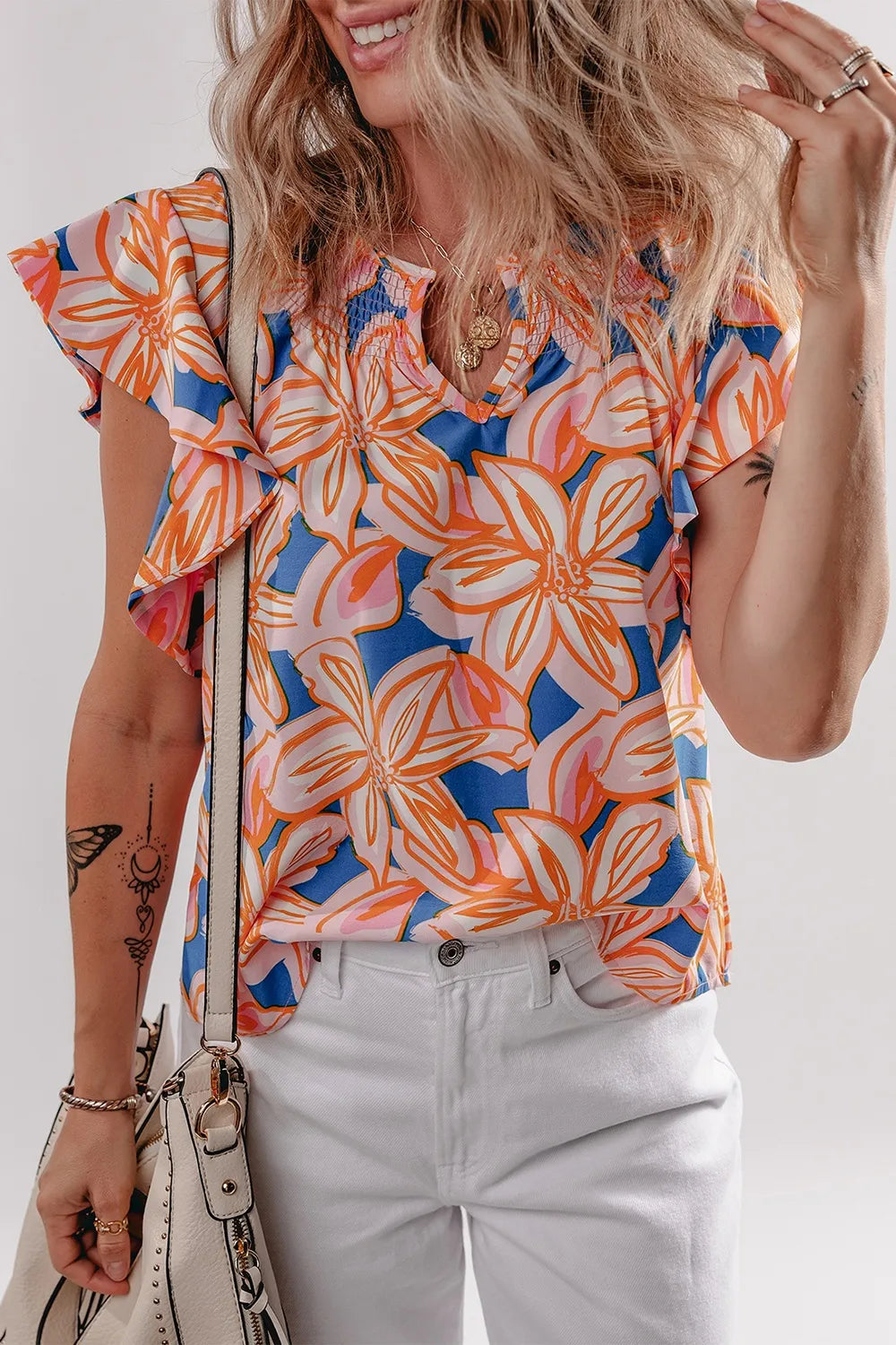 Flower Print Notched Neck Ruffle Sleeve Blouse - Image 5