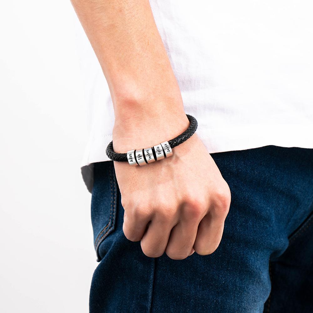 Leather Braided Rope Bracelet For Men Engraved Mens Bracelet Black with 5 beads - Image 3