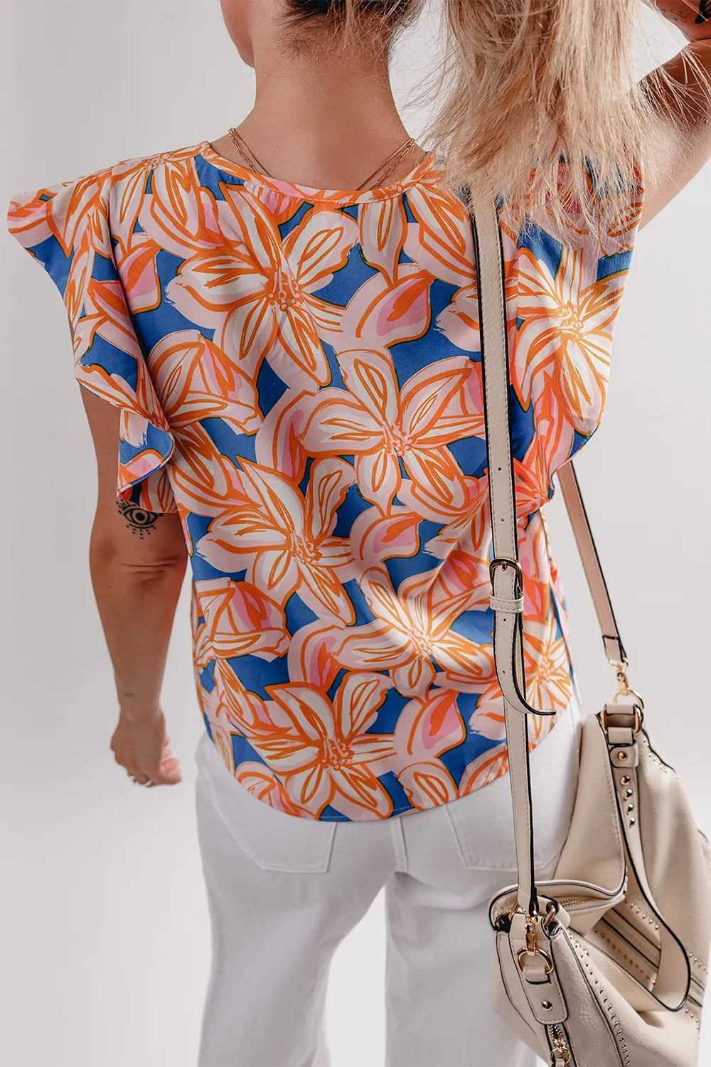 Flower Print Notched Neck Ruffle Sleeve Blouse - Image 3